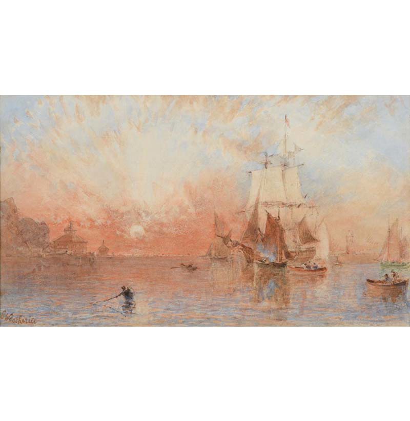 George Weatherill (1810-1890), "Sunset Whitby Harbour, Yorkshire"